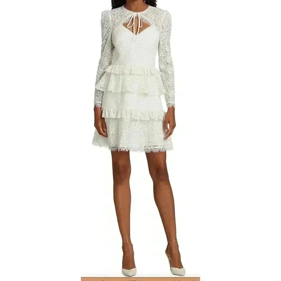 ML Monique Lhuillier Tie-Neck Ivory Lace Mini Long Sleeve Bridal Dress - Picture 10 of 10
